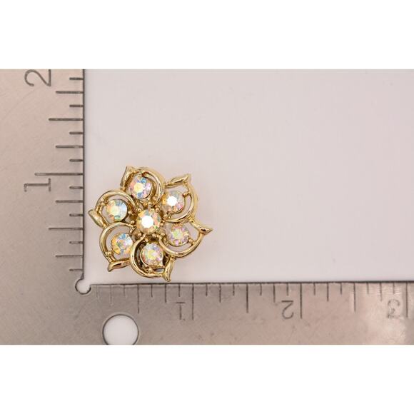 Vintage Crystal Clip On Earrings Flower Rhinestone Aurora Borealis Gold 60s BinZ - Picture 12 of 12
